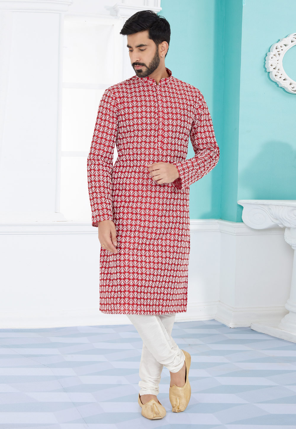 Red Cotton Silk Kurta Pajama 259492