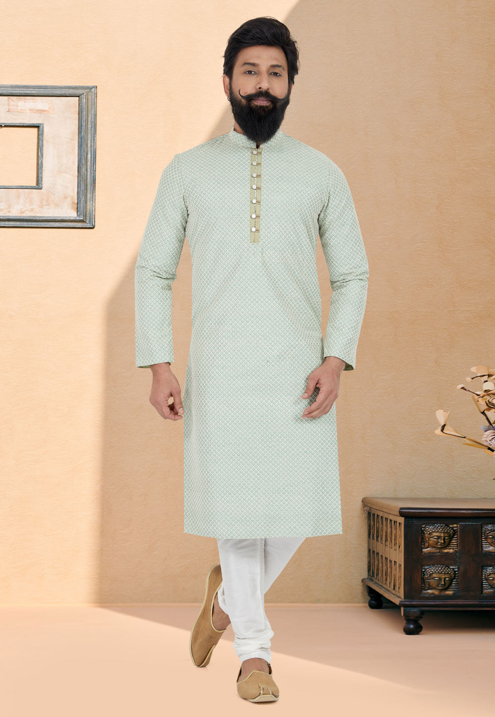 Sea Green Jacquard Silk Kurta Pajama 259494