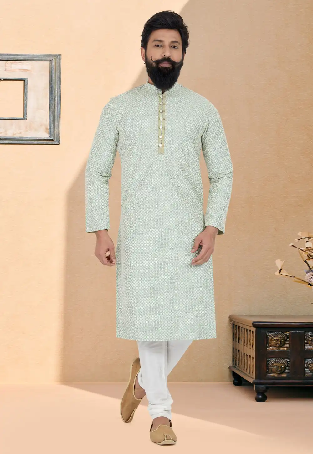Sea Green Jacquard Silk Kurta Pajama 259494