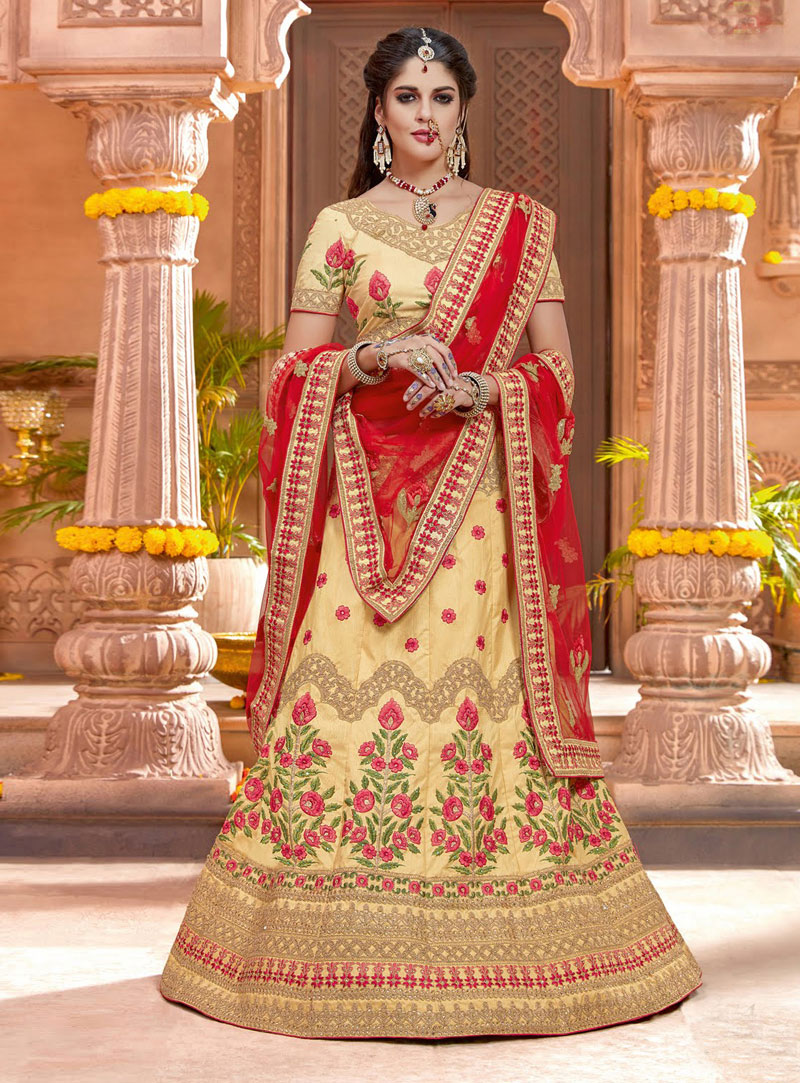 Izabelle Leite Beige Raw Silk Embroidery Work A Line Lehenga Choli 124828