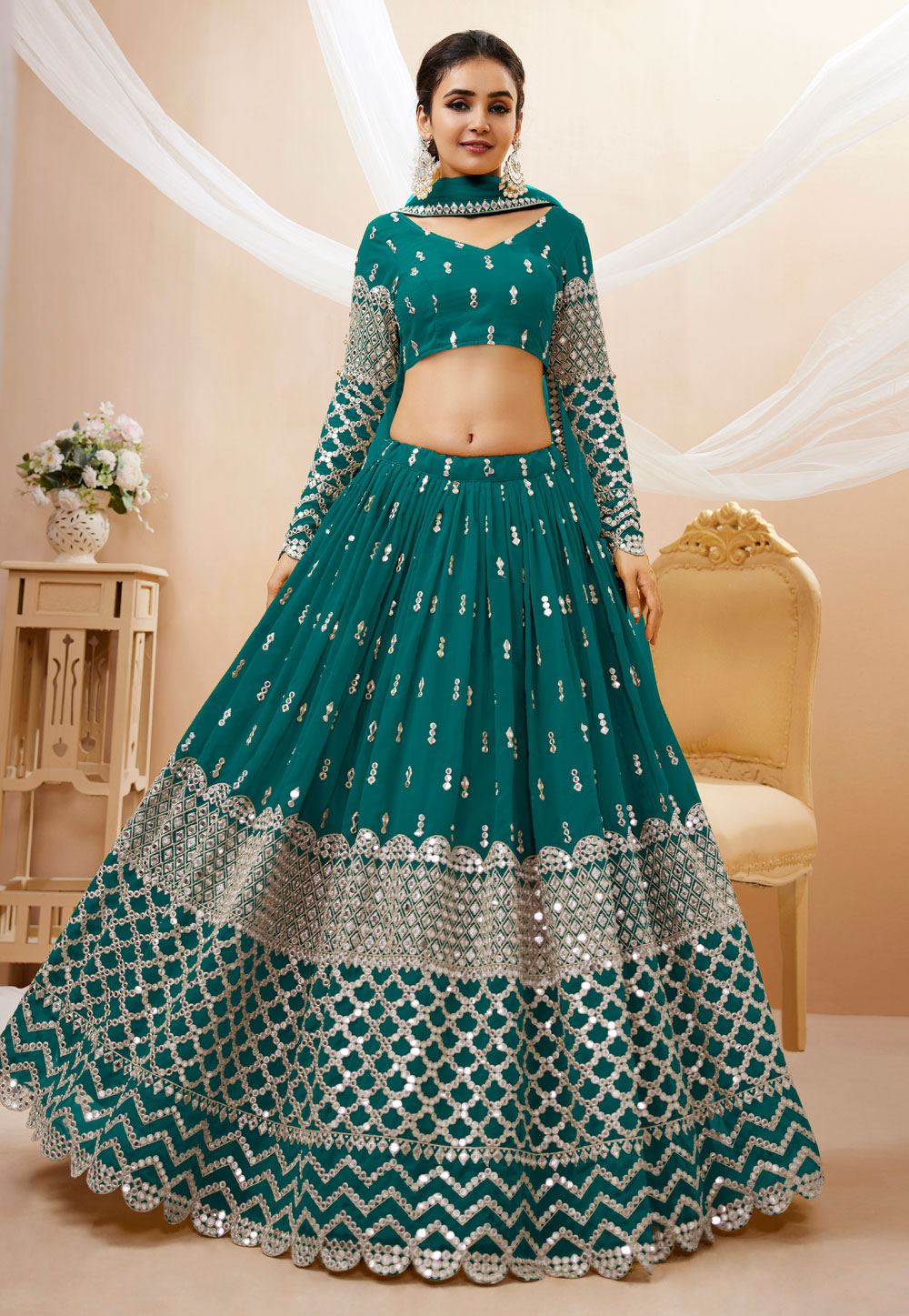 Teal Georgette Circular Lehenga Choli 268507