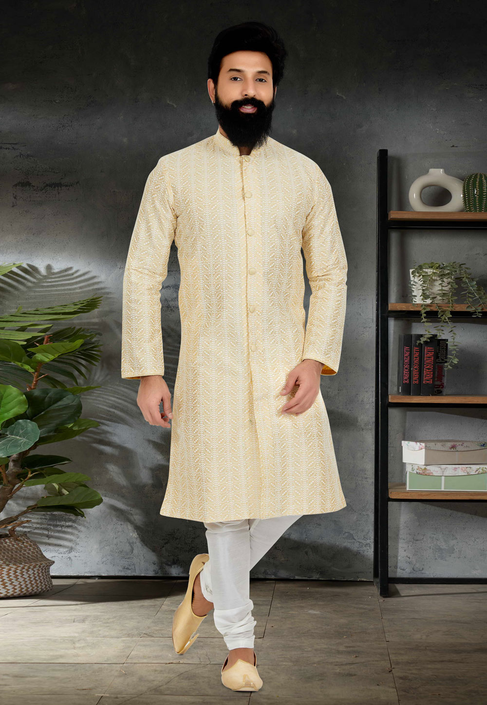 Light Yellow Silk Kurta Pajama 259503