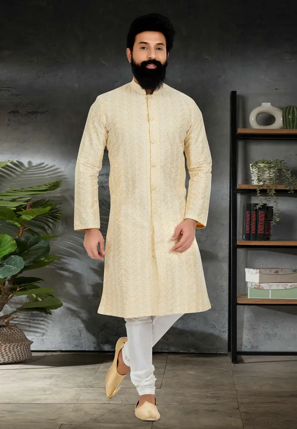 Light Yellow Silk Kurta Pajama 259503