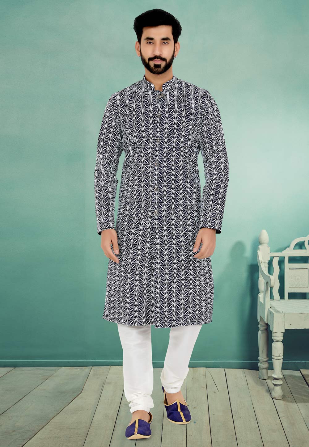 Navy Blue Cotton Silk Kurta Pajama 259505