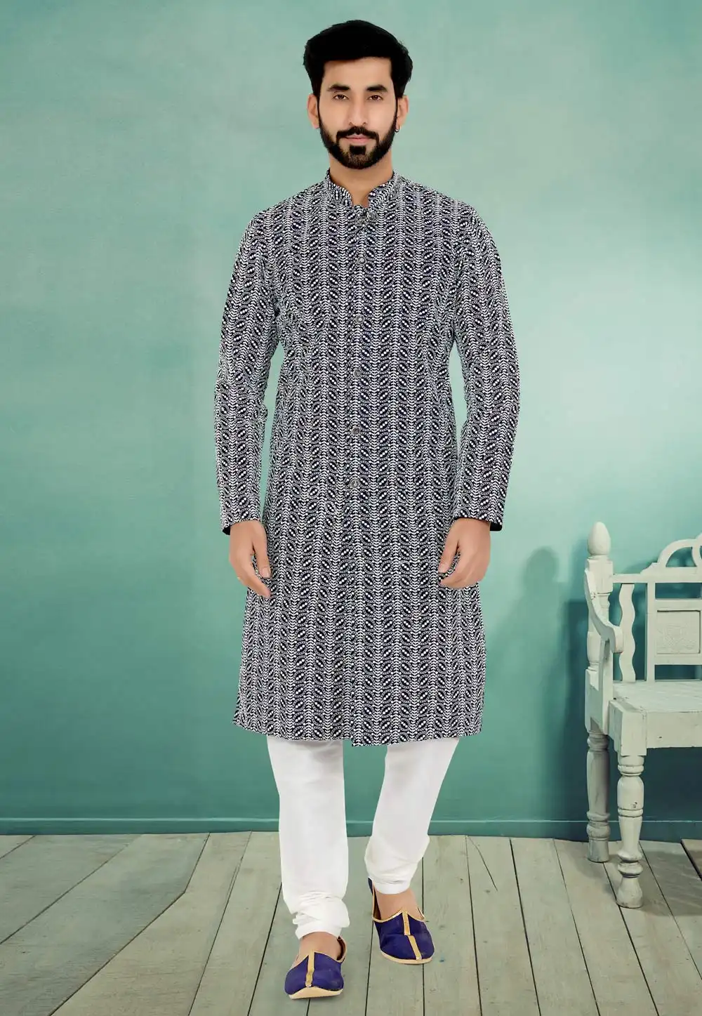 Navy Blue Cotton Silk Kurta Pajama 259505