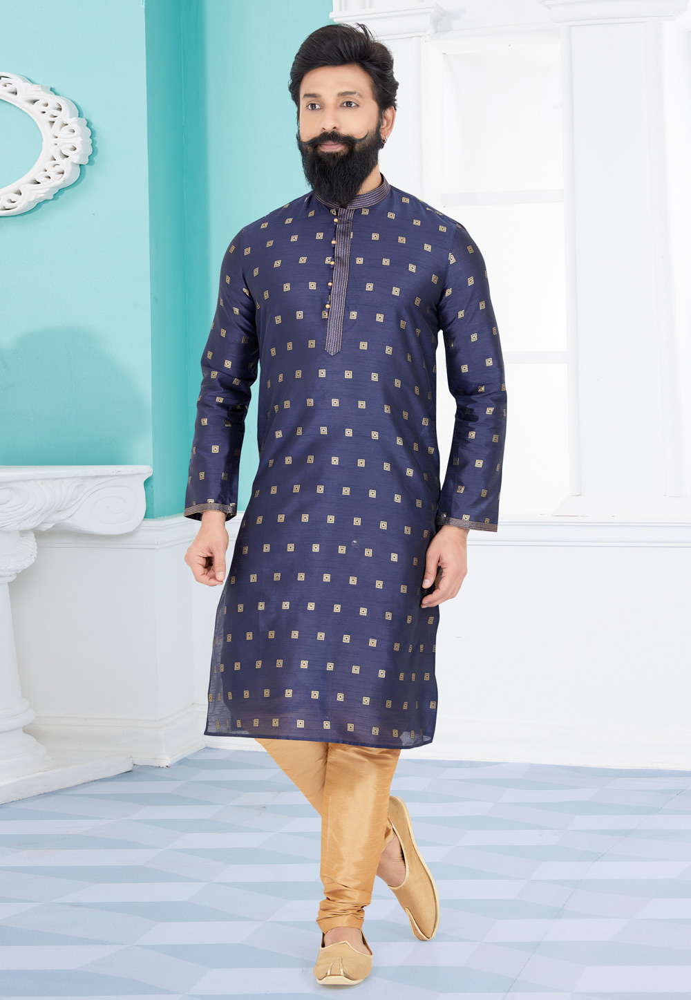 Navy Blue Jacquard Kurta Pajama 259458