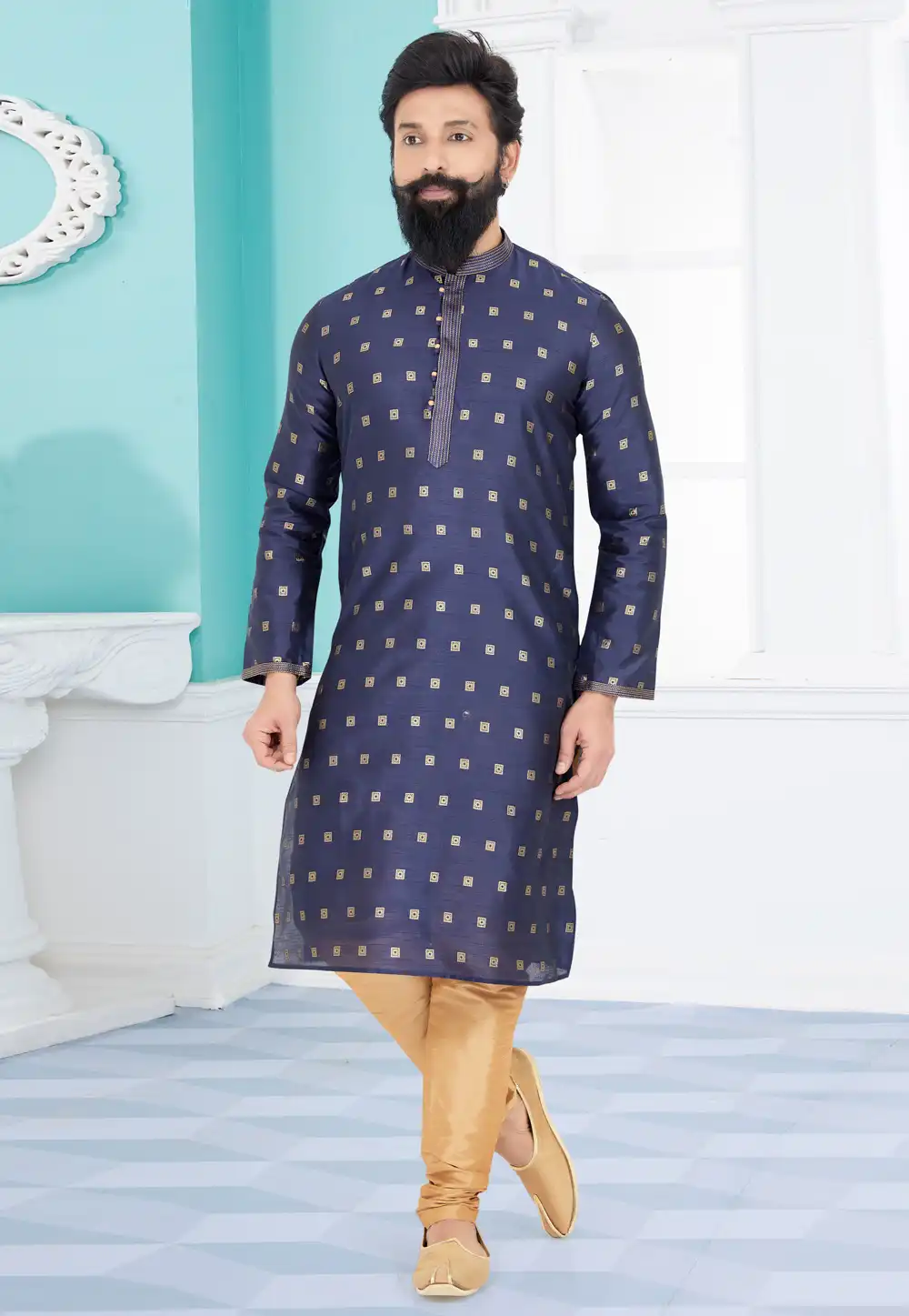 Navy Blue Jacquard Kurta Pajama 259458