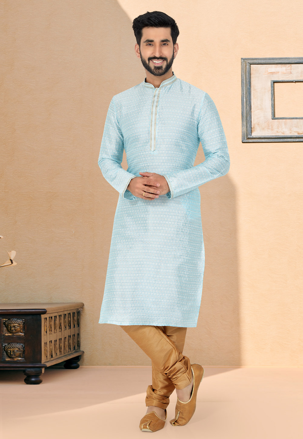 Sky Blue Jacquard Kurta Pajama 259459