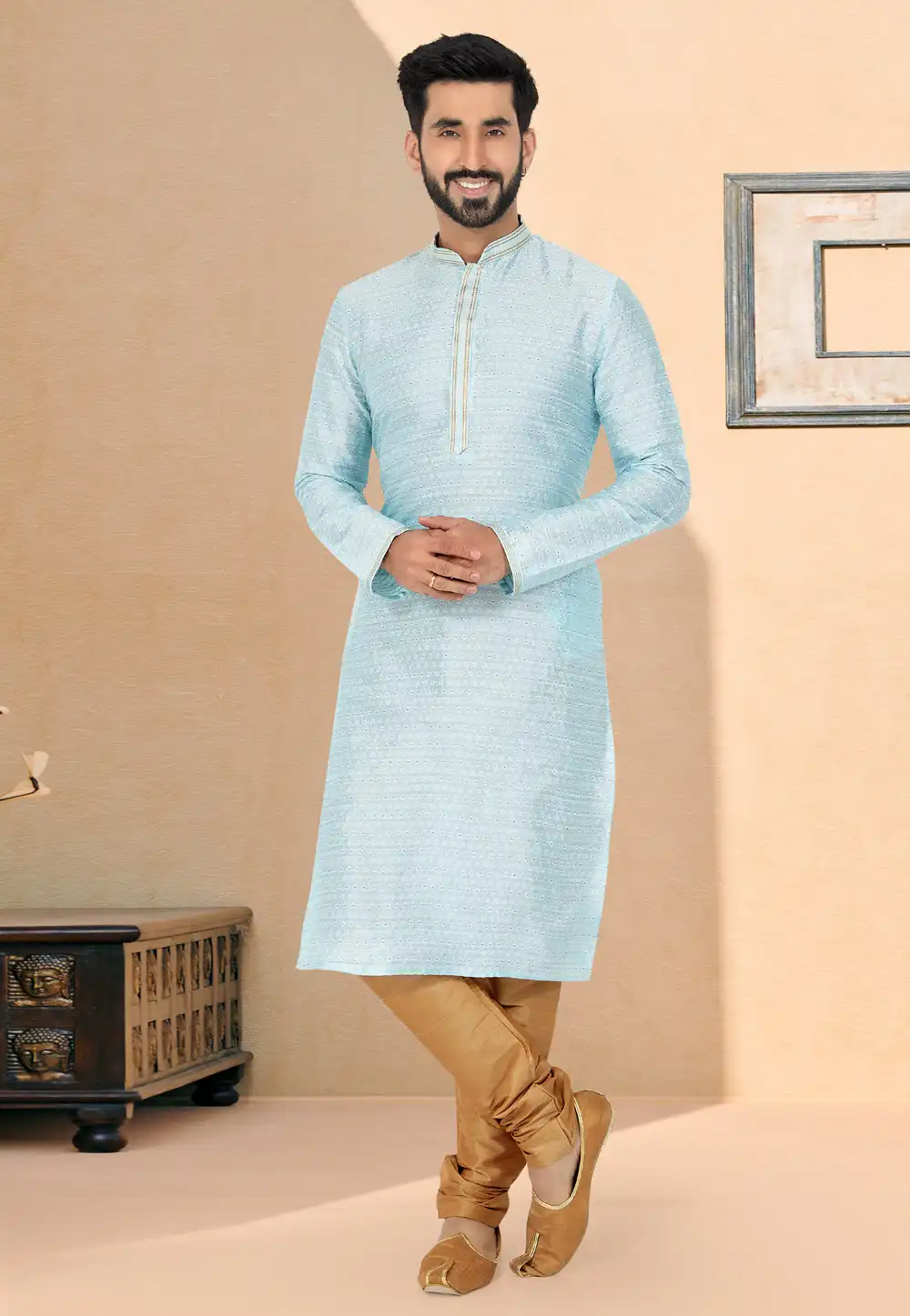 Sky Blue Jacquard Kurta Pajama 259459
