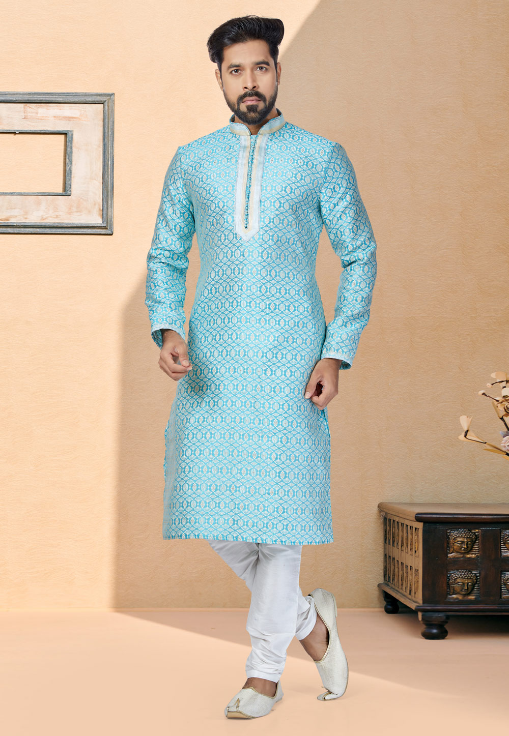Sky Blue Jacquard Silk Kurta Pajama 259460