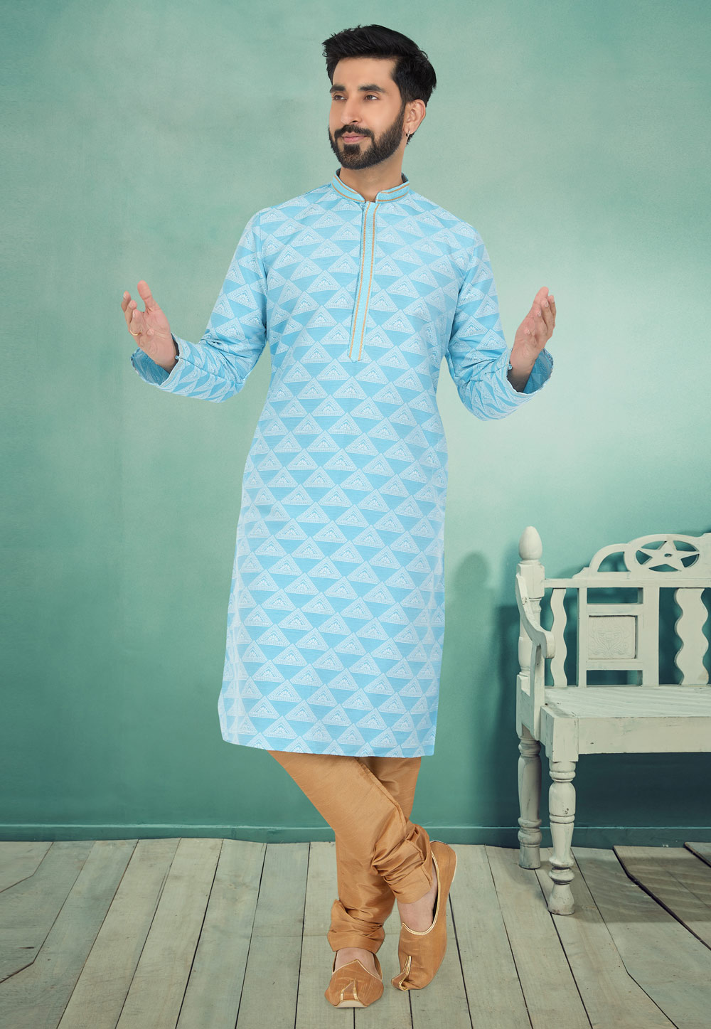 Sky Blue Jacquard Silk Kurta Pajama 259461