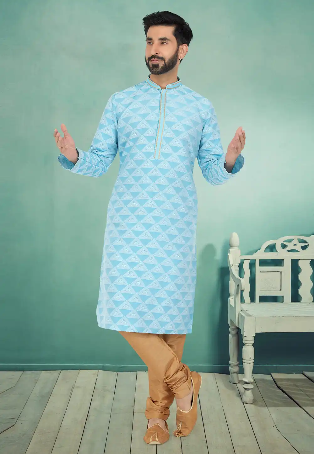 Sky Blue Jacquard Silk Kurta Pajama 259461