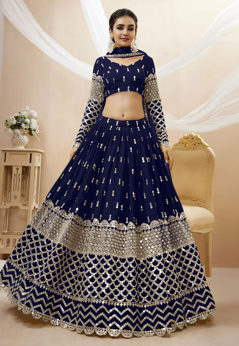 Navy Blue Georgette Circular Lehenga Choli 268508