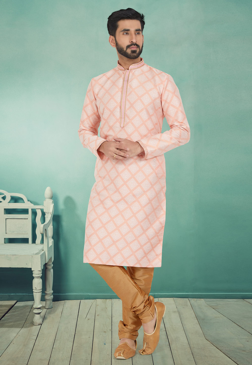 Peach Jacquard Silk Kurta Pajama 259462