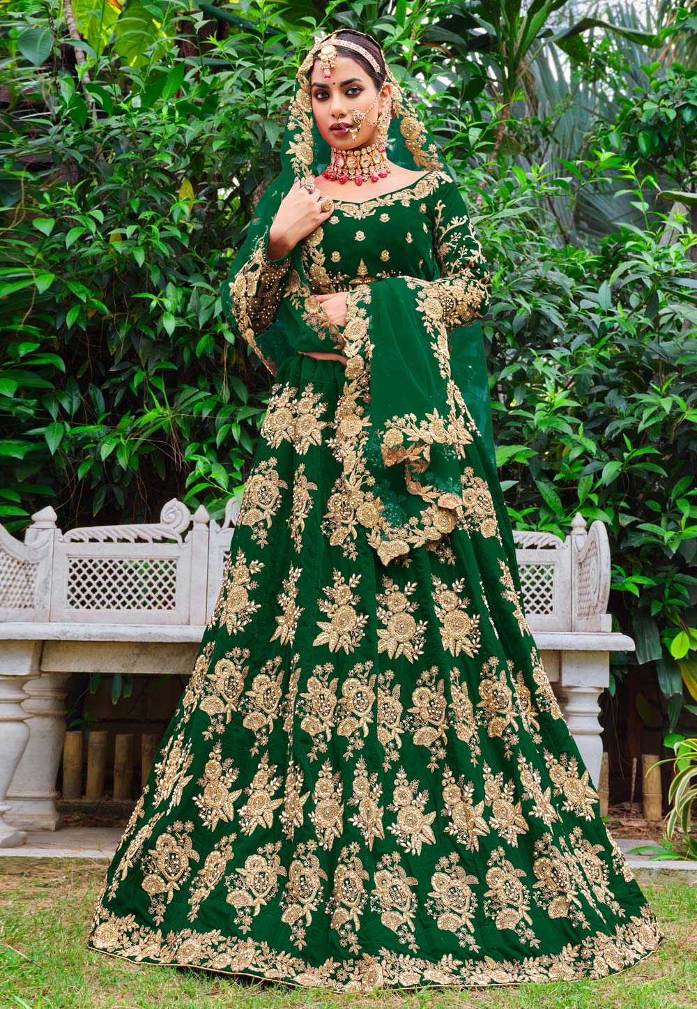 Green Velvet Circular Lehenga Choli 263087