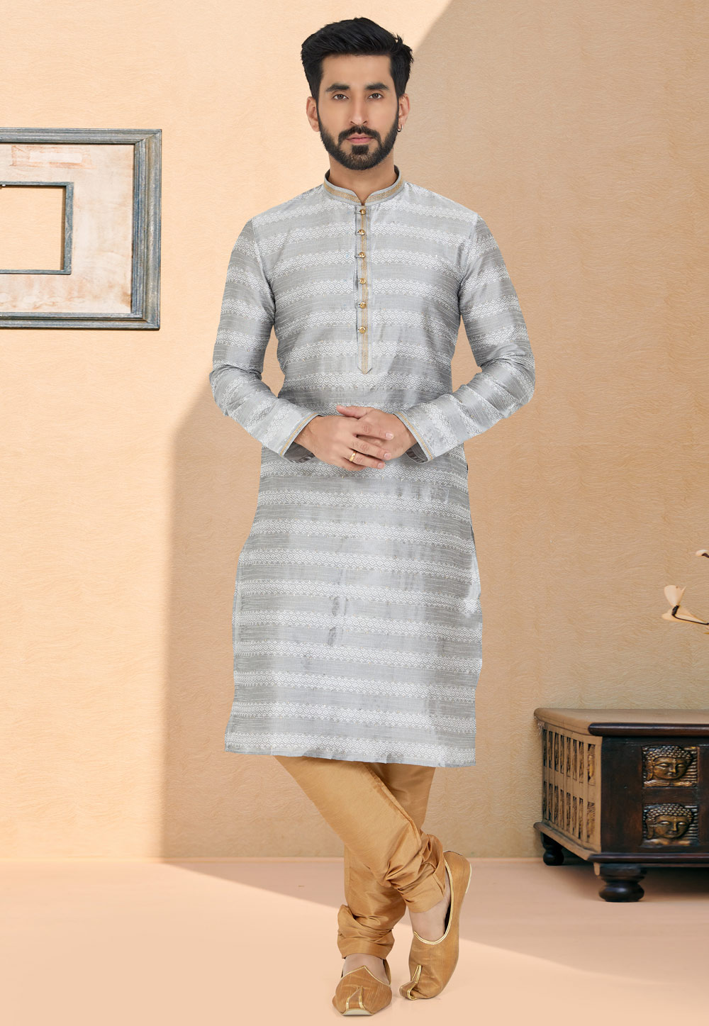Grey Jacquard Kurta Pajama 259463