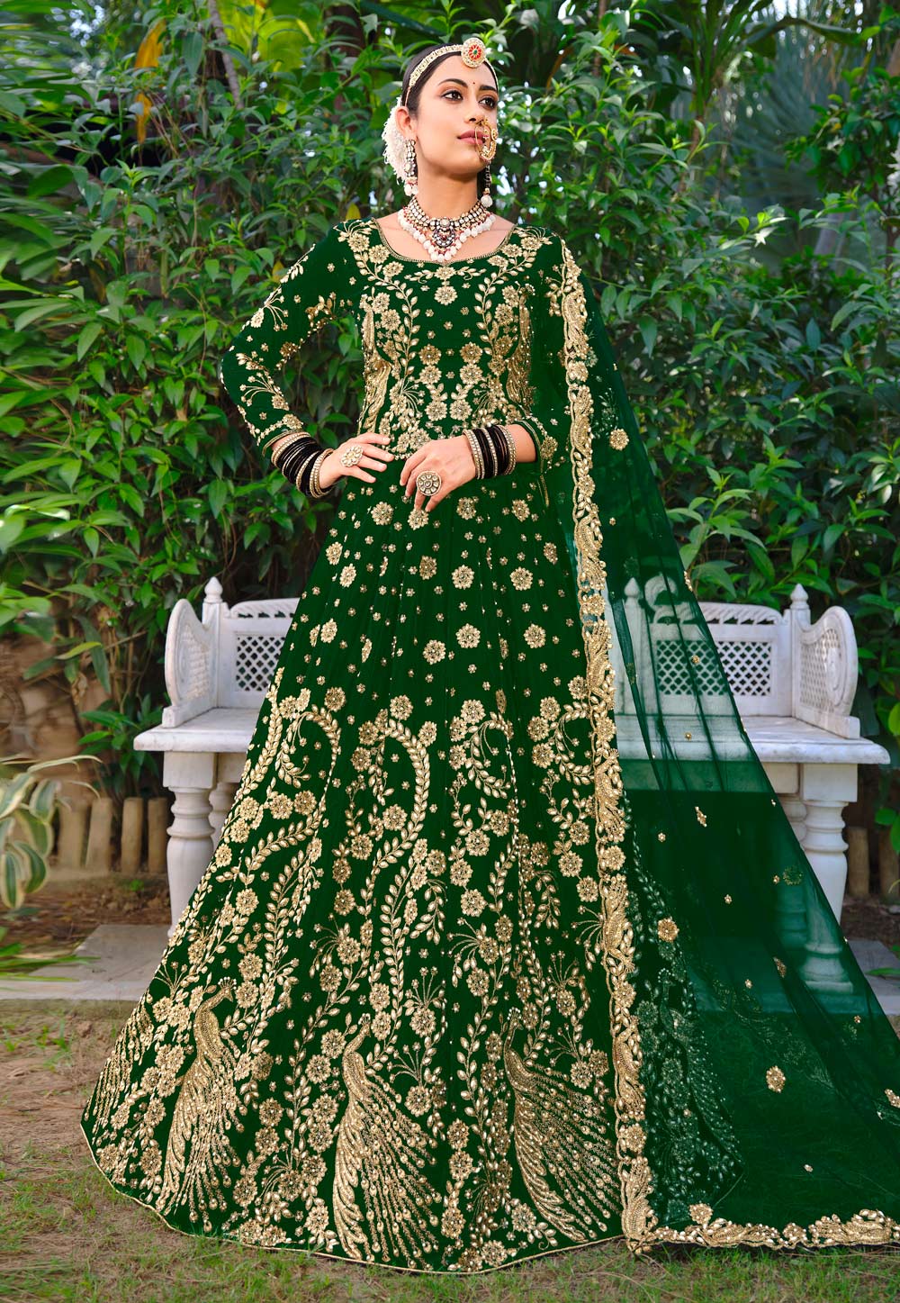 Green Velvet Circular Lehenga Choli 263090
