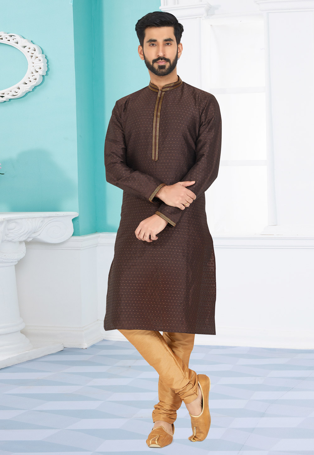 Brown Cotton Jacquard Kurta Pajama 259464
