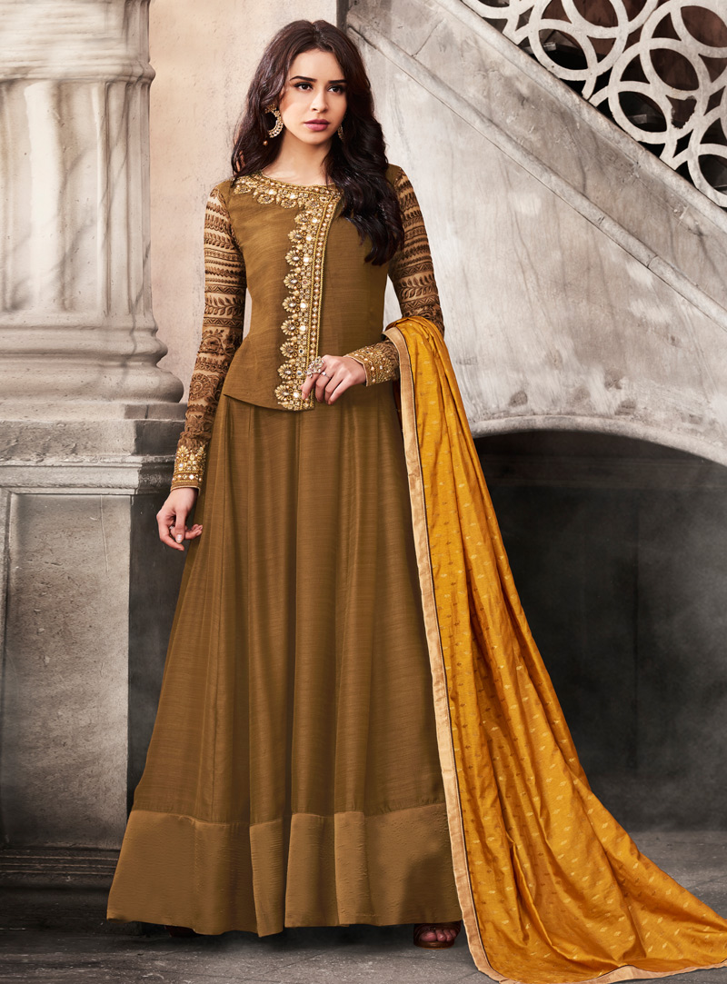 Brown Satin Long Anarkali Suit 116766