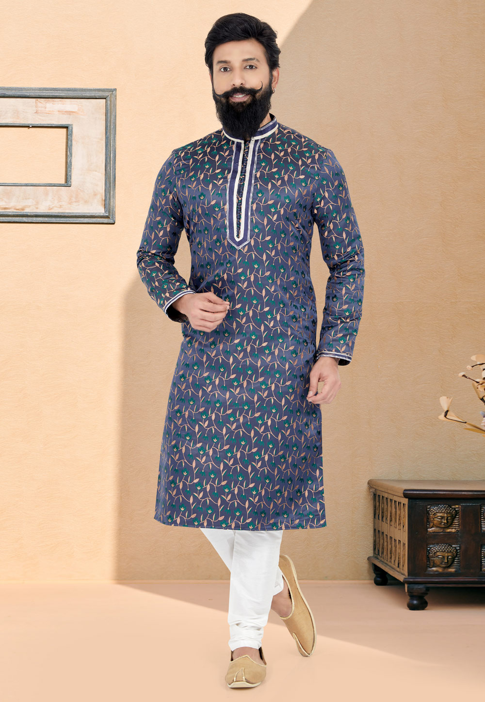 Navy Blue Jacquard Silk Kurta Pajama 259467