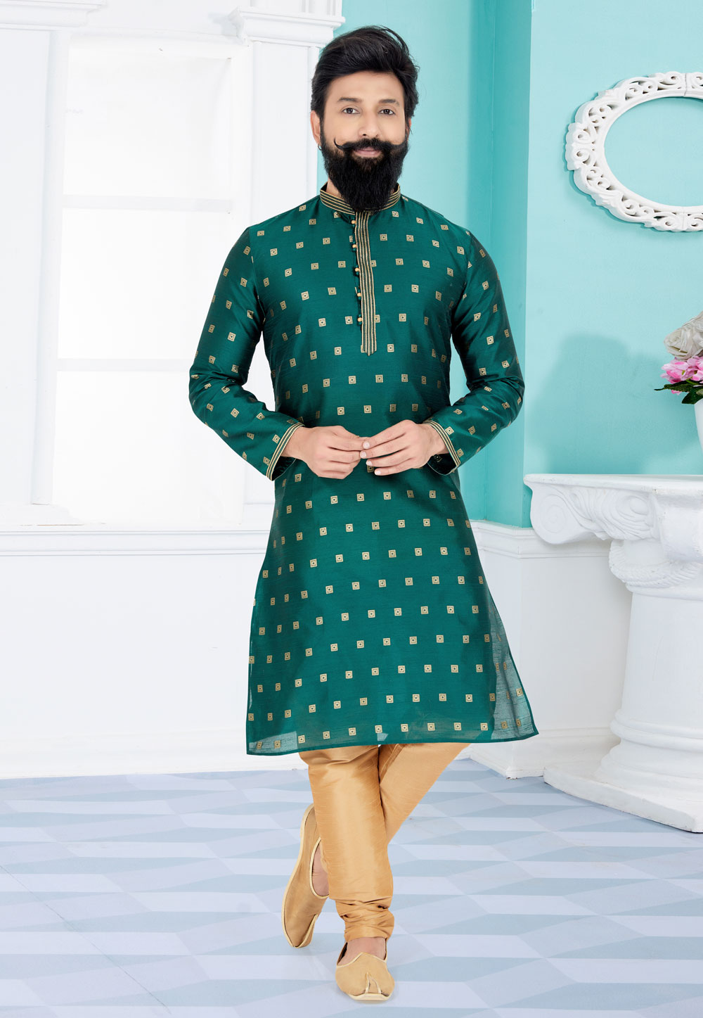 Green Jacquard Kurta Pajama 259468