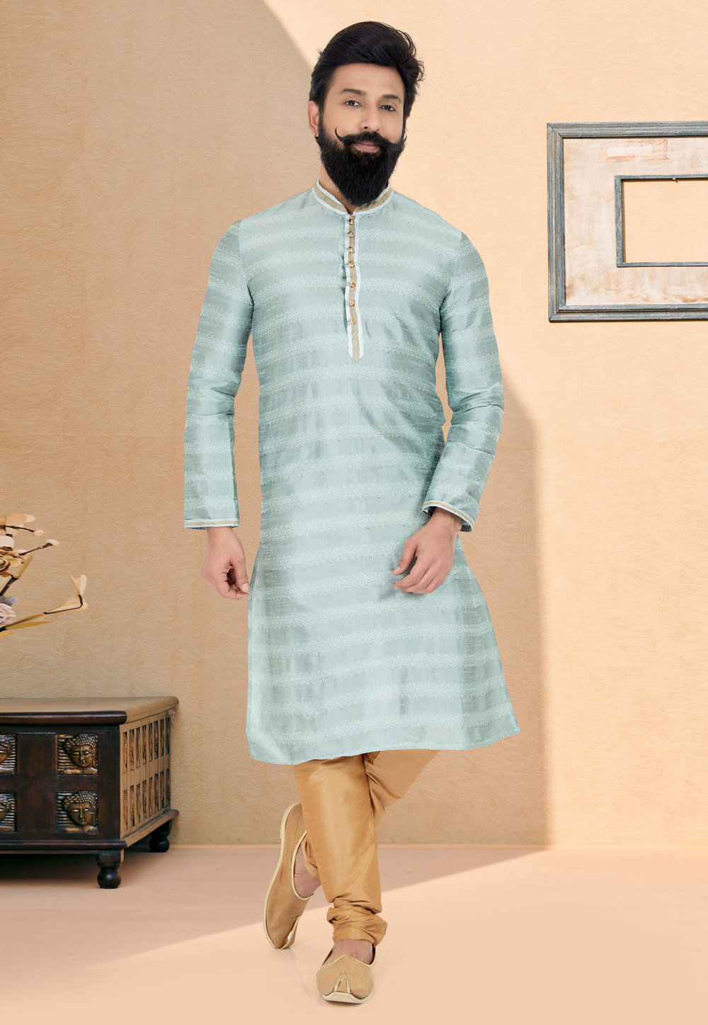 Sea Green Jacquard Kurta Pajama 259470