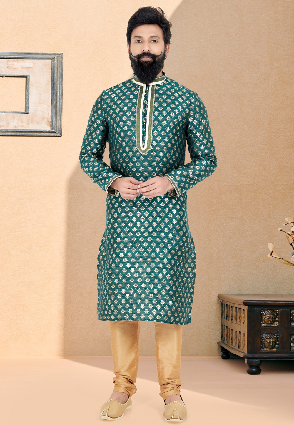 Green Jacquard Silk Kurta Pajama 259471