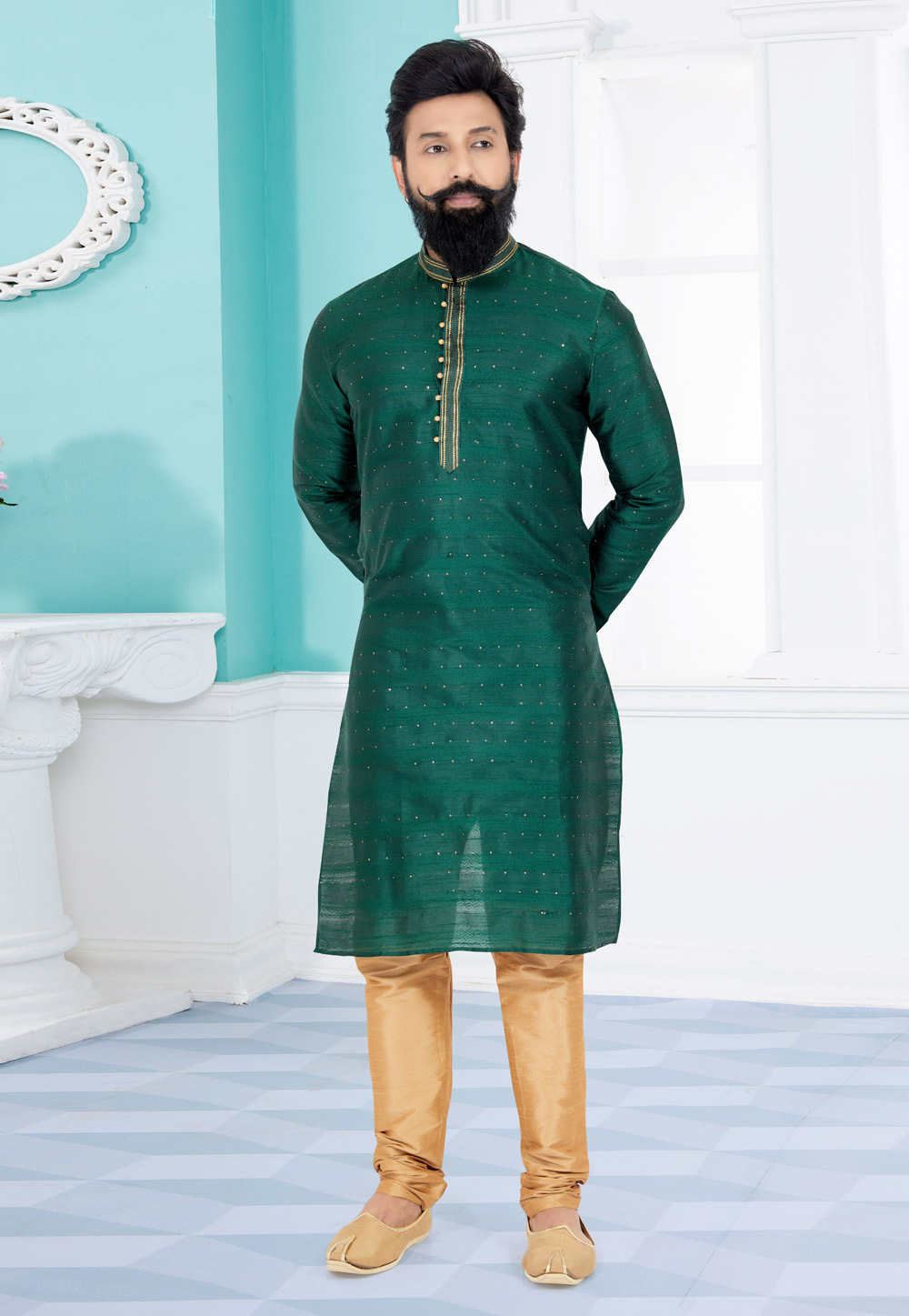 Green Cotton Jacquard Kurta Pajama 259472
