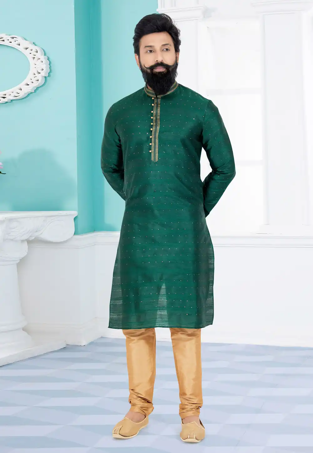 Green Cotton Jacquard Kurta Pajama 259472