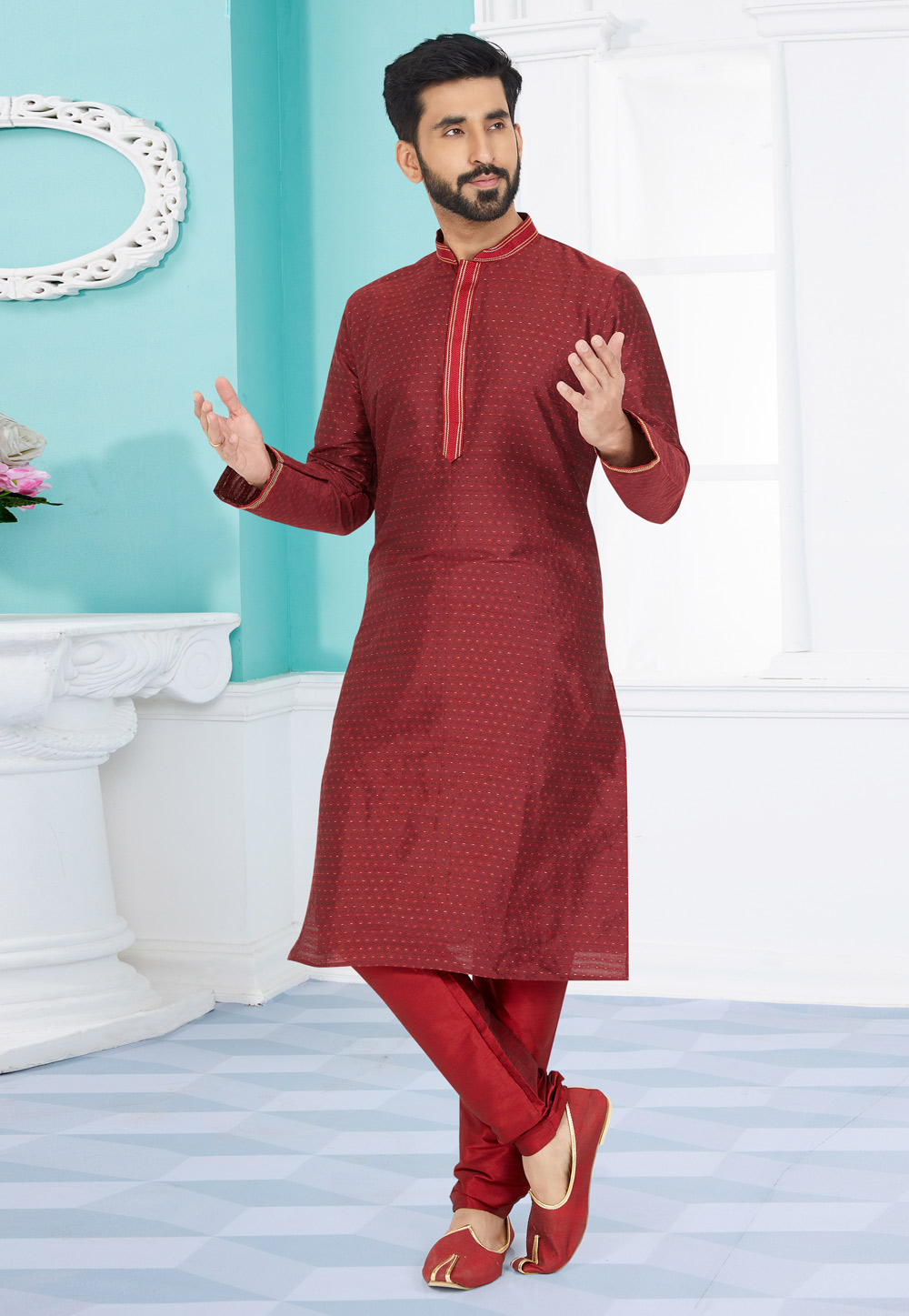 Maroon Cotton Jacquard Kurta Pajama 259474
