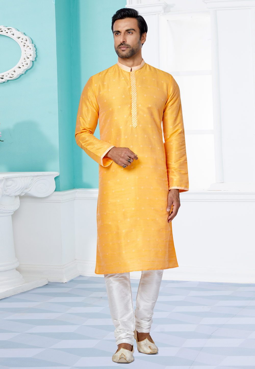 Yellow Jacquard Kurta Pajama 259475