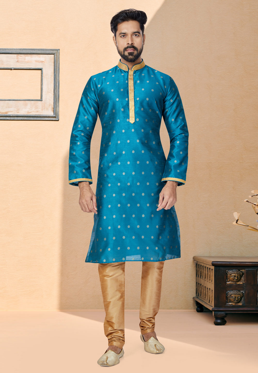 Turquoise Jacquard Kurta Pajama 259476
