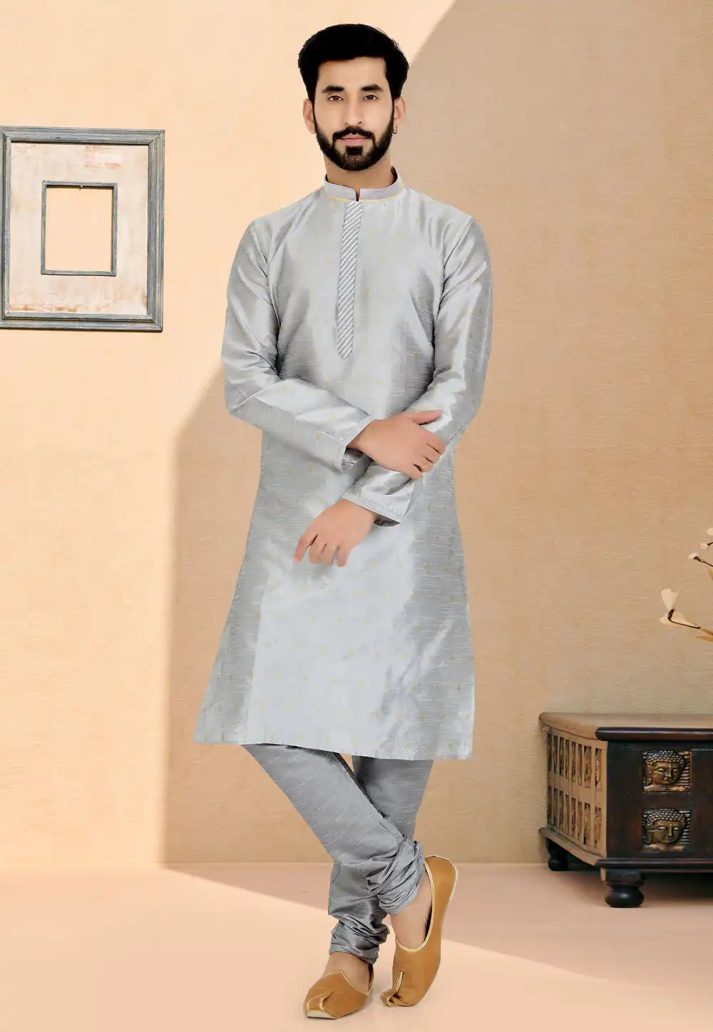 Grey Jacquard Kurta Pajama 259479
