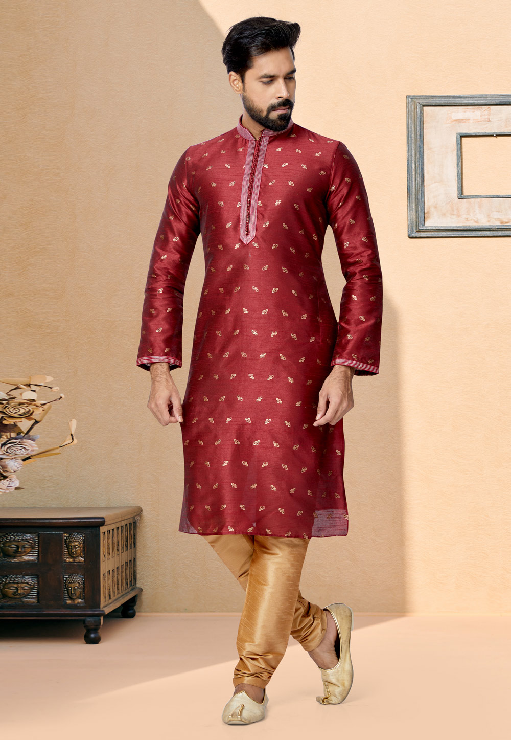 Maroon Jacquard Kurta Pajama 259481