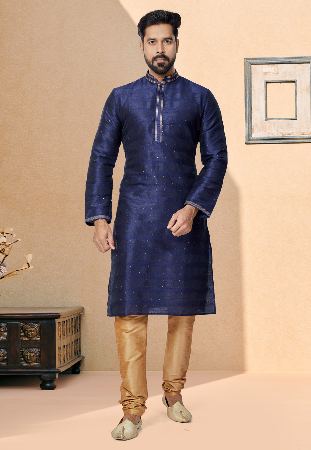 Navy Blue Cotton Jacquard Kurta Pajama 259485
