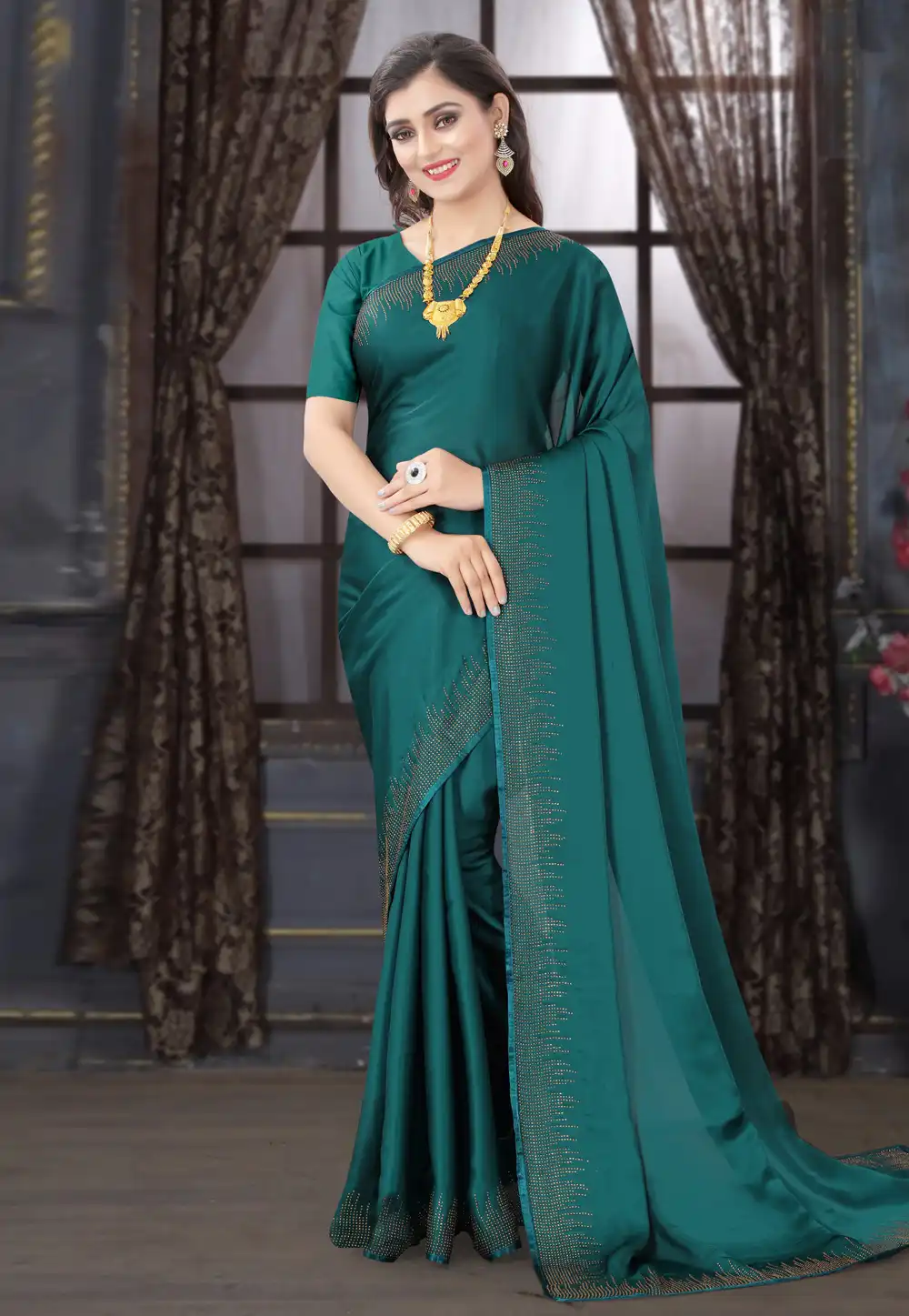 Teal Satin Festival Wear Saree 221023