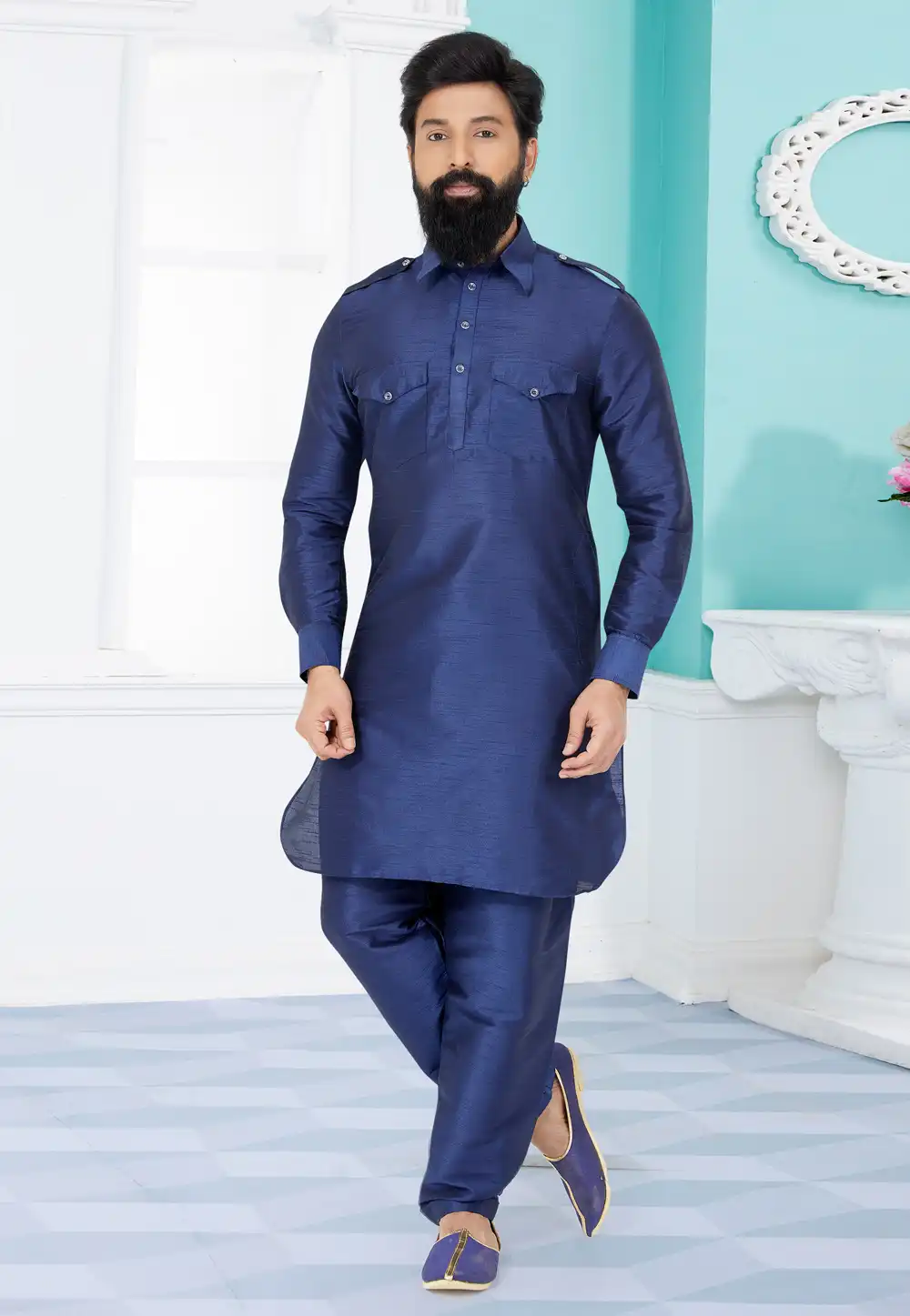 Navy Blue Banarasi Silk Readymade Pathani Suit 259557