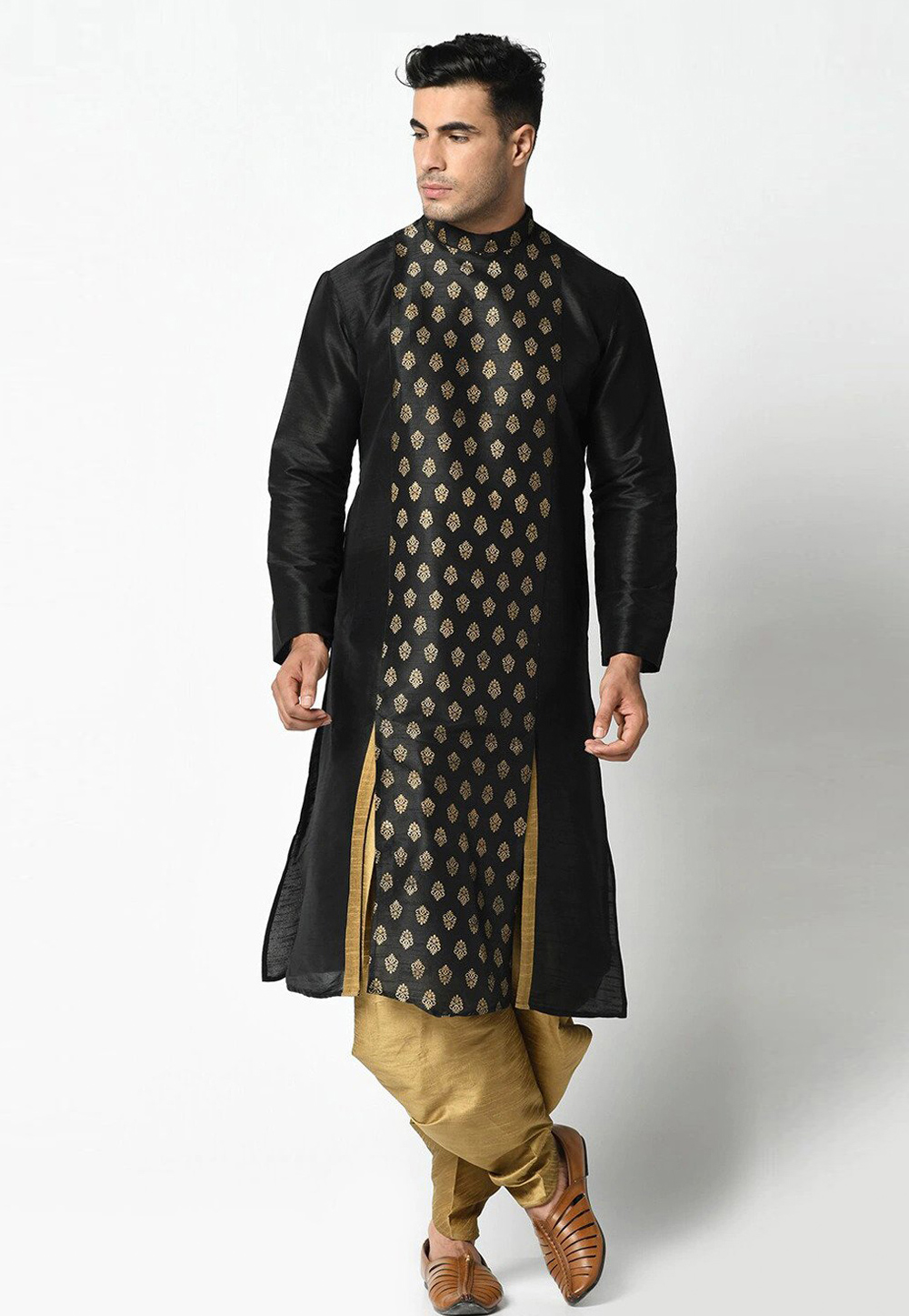 Black Dupion Silk Dhoti Kurta 235407