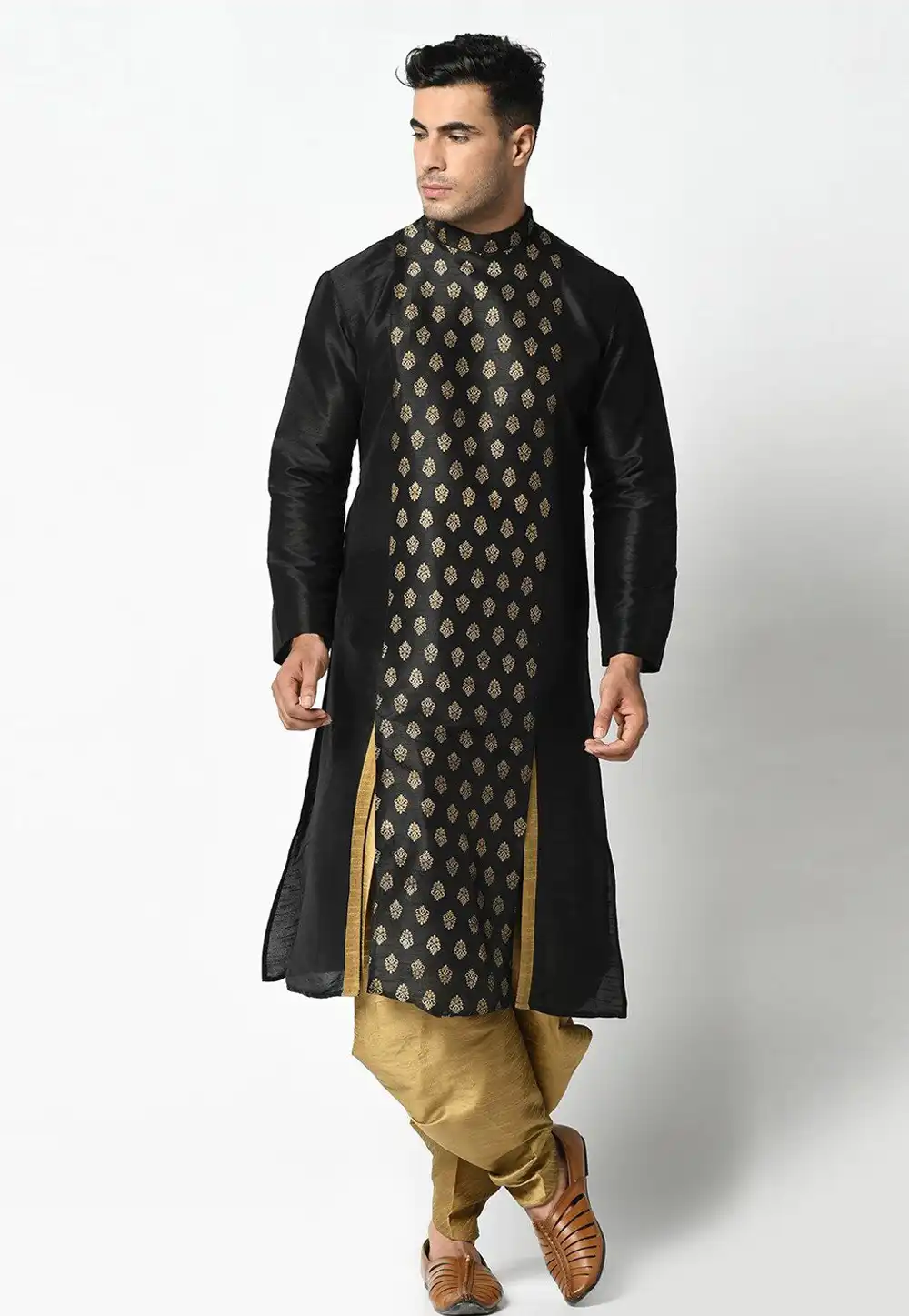Black Dupion Silk Dhoti Kurta 235407