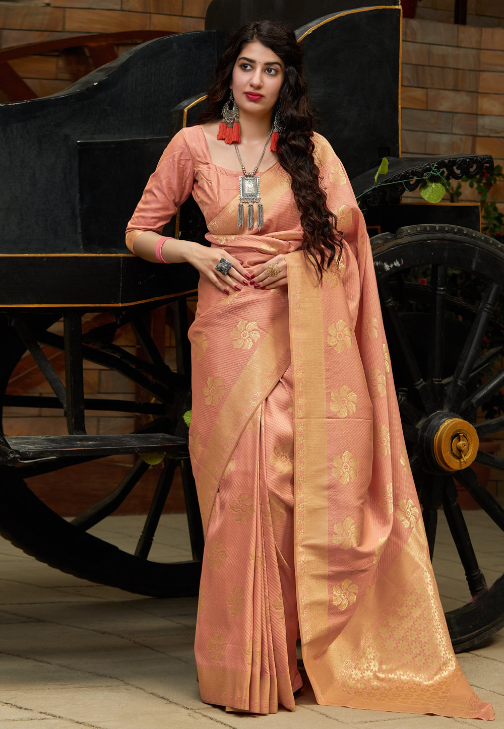 Peach Silk Saree With Blouse 209368