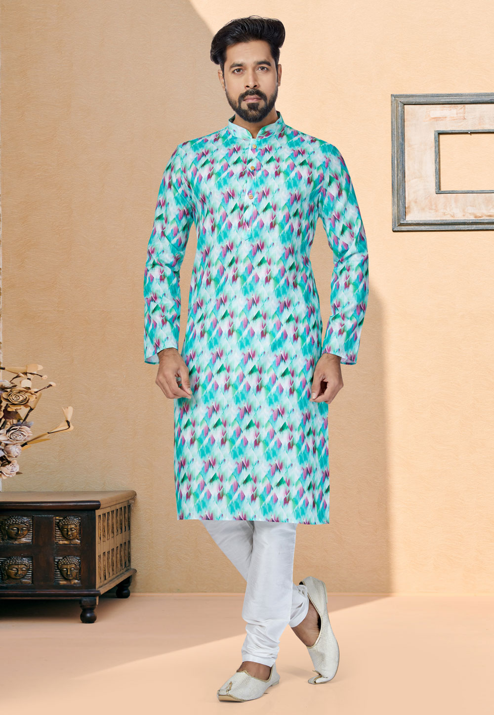 Sky Blue Cotton Printed Kurta Pajama 259570