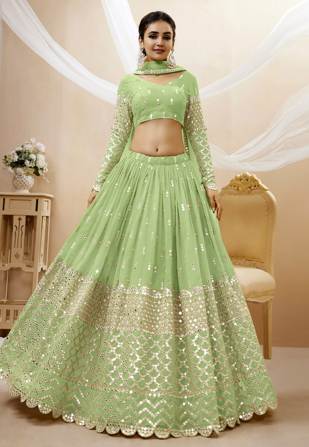 Pista Green Georgette Circular Lehenga Choli 268512