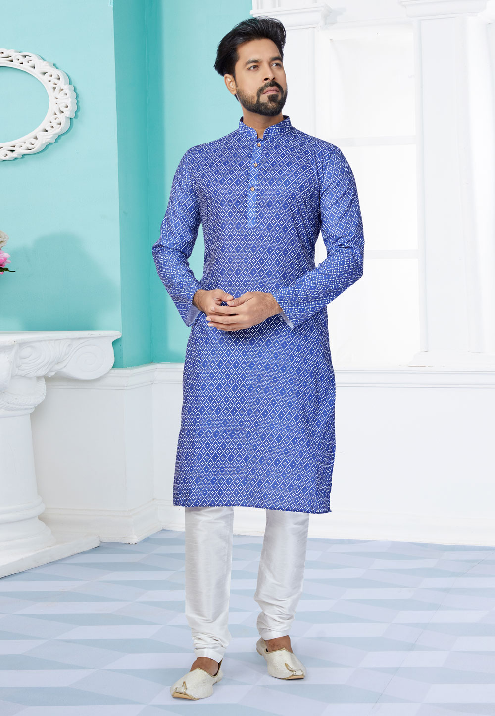 Blue Cotton Printed Kurta Pajama 259572
