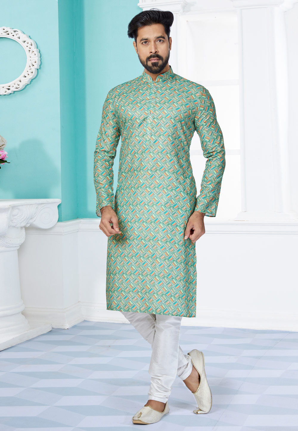 Sea Green Cotton Printed Kurta Pajama 259573