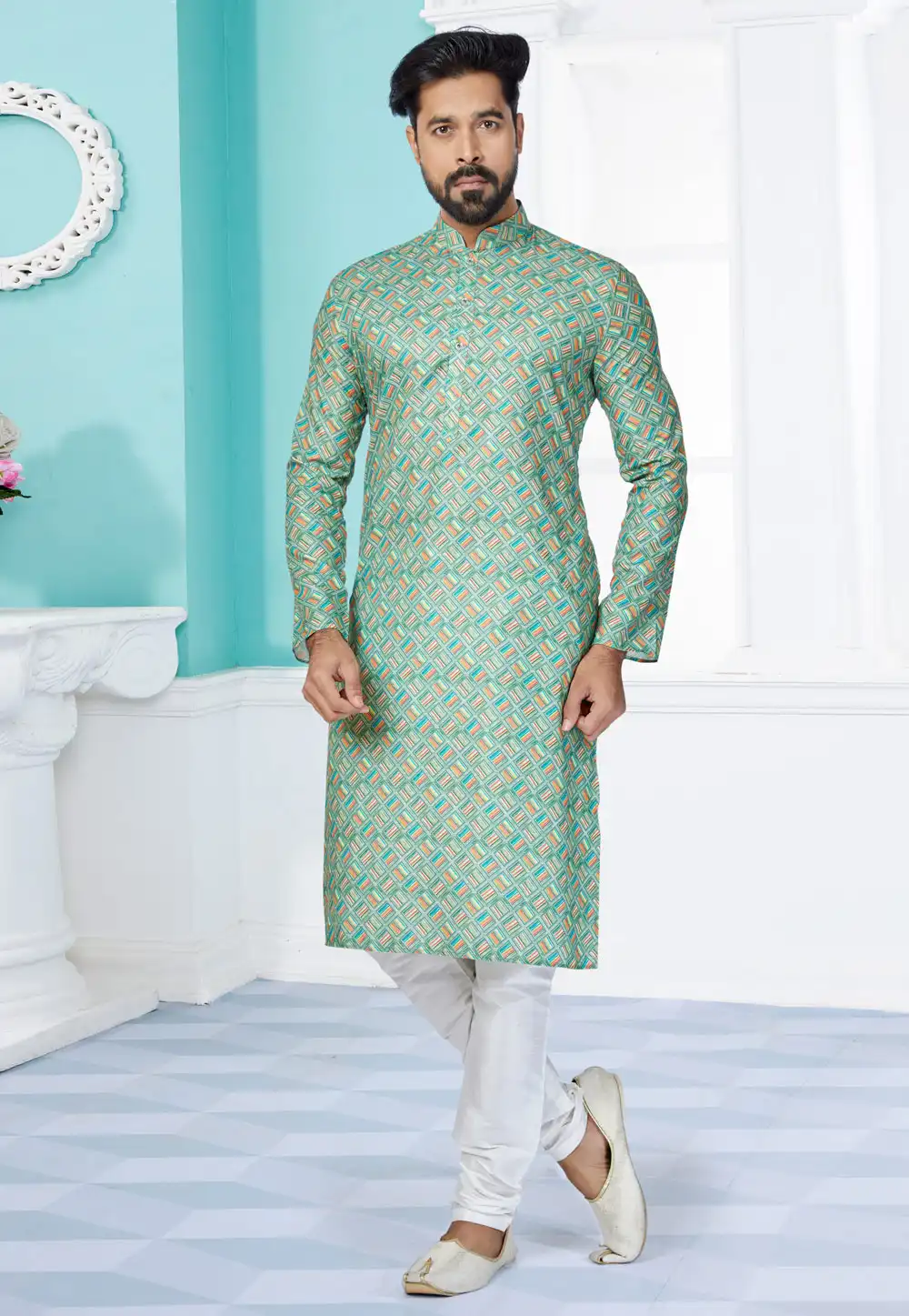 Sea Green Cotton Printed Kurta Pajama 259573