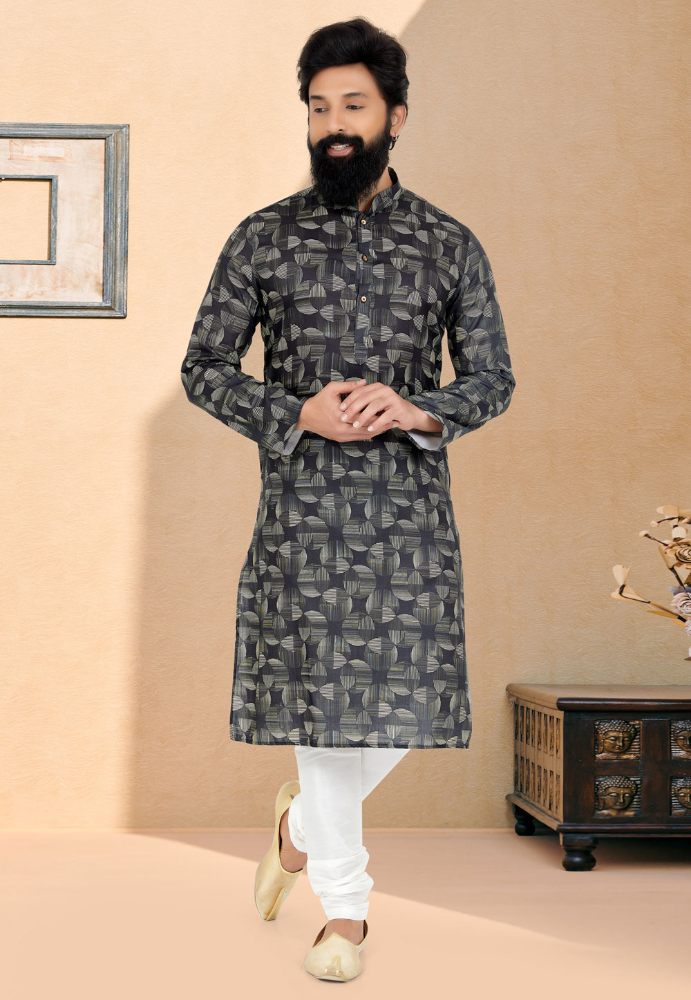 Black Cotton Printed Kurta Pajama 259579