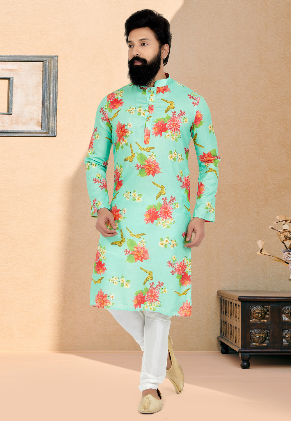 Sky Blue Cotton Printed Kurta Pajama 259580