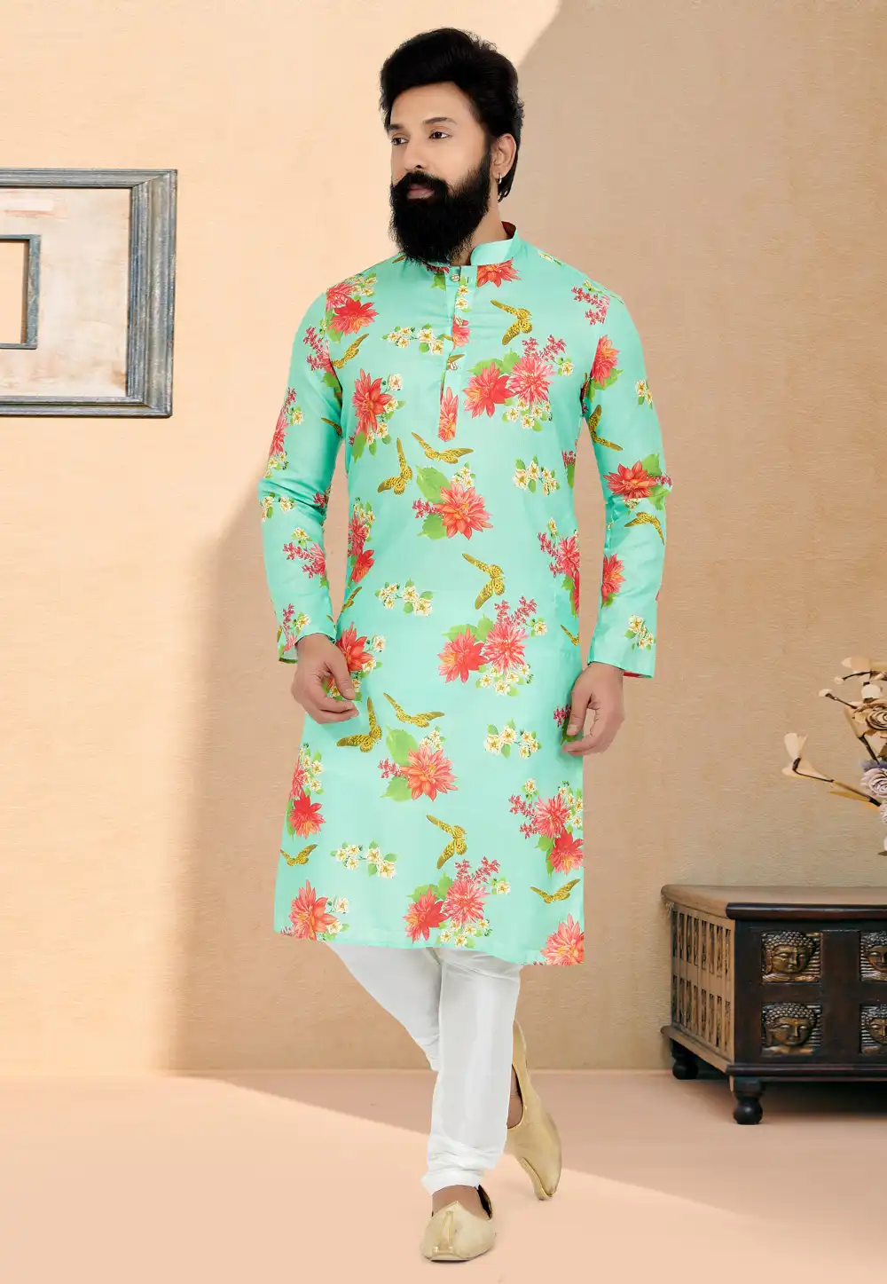 Sky Blue Cotton Printed Kurta Pajama 259580