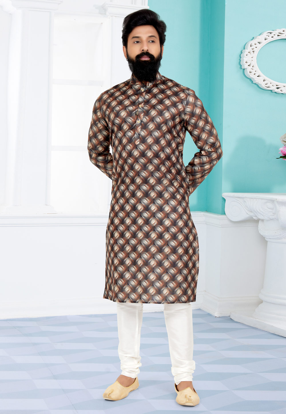 Brown Cotton Printed Kurta Pajama 259582