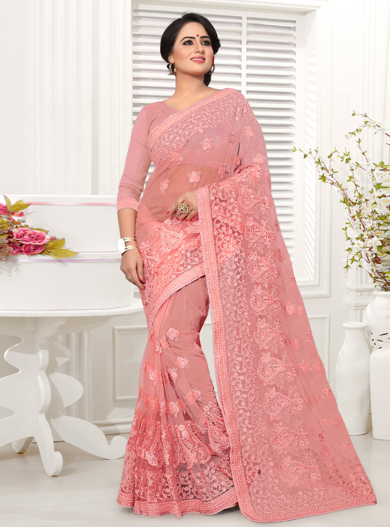Pink Net Saree With Blouse 148209